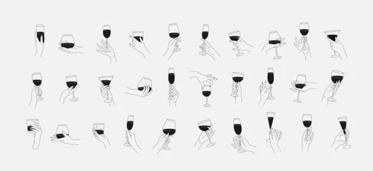Foto op Plexiglas Collection of different woman hands gestures hold wineglass or drink cocktails. Minimal linear trendy style. Line icons or symbol of female hand for logo in restaurant or bar. Vector © merfin