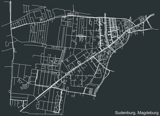 Detailed negative navigation white lines urban street roads map of the SUDENBURG DISTRICT of the German regional capital city of Magdeburg, Germany on dark gray background