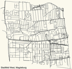 Detailed navigation black lines urban street roads map of the STADTFELD WEST DISTRICT of the German regional capital city of Magdeburg, Germany on vintage beige background