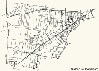 Detailed navigation black lines urban street roads map of the SUDENBURG DISTRICT of the German regional capital city of Magdeburg, Germany on vintage beige background