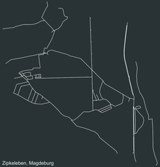 Detailed negative navigation white lines urban street roads map of the ZIPKELEBEN DISTRICT of the German regional capital city of Magdeburg, Germany on dark gray background
