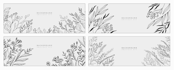 Set of botanical bakground, floral branch and leaves. Vintage foliage for wedding invitation, wall art or card template. Minimal line art drawing. Vector - obrazy, fototapety, plakaty