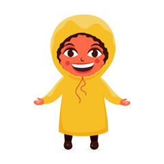 Cheerful Little Boy Wearing Raincoat In Standing Pose Against White Background.