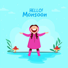 Hello Monsoon Poster Design With Cheerful Young Girl Enjoying Rainy Season On Cyan Background.