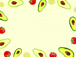 Background of avocado halves and red tomatoes. Place for text. The concept of food and nutrition.
