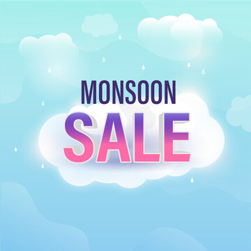 Monsoon Sale Poster Design With Rainy Clouds On Glossy Blue Background.