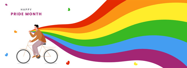 Happy Pride Month Celebration Banner Design With Cartoon Man Riding Bicycle And Holded Rainbow Flag On White Background. - obrazy, fototapety, plakaty