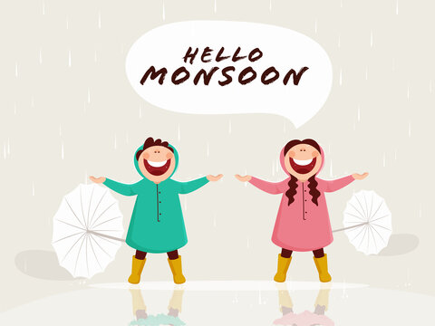 Hello Monsoon Poster Design With Cheerful Kids Enjoying Rain And Umbrella On Gray Background.