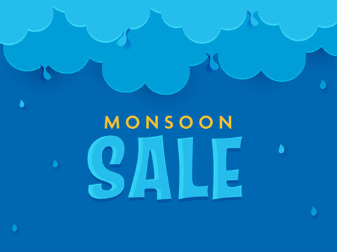 Monsoon Sale Poster Design With Paper Clouds And Water Drops On Blue Background.