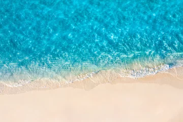 Fototapeten Relaxing aerial beach scene, summer vacation holiday template banner. Waves surf with amazing blue ocean lagoon, sea shore, coastline. Perfect aerial drone top view. Peaceful bright beach, seaside © icemanphotos