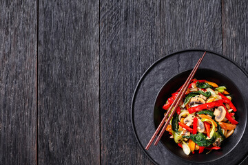 Stir Fry Vegetables in black bowl, top view