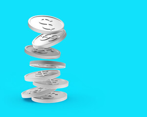 Silver dollar coins in a column on blue. 3D illustration