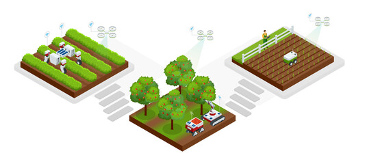 Isometric Smart robotic in agriculture, automation robot farmers must be programmed to work. Artificial intelligence robots in agricultural. Organic food, agriculture and hydroponic
