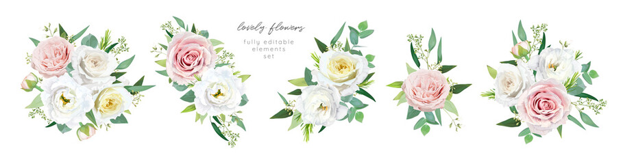 Floral, watercolor design element set. Pink, yellow garden rose, white flowers, jasmine, green seeded eucalyptus leaves, branches bouquet. Editable, vector illustration. Wedding invite card decoration