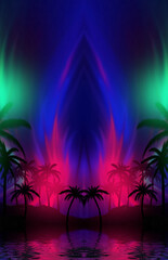 Silhouettes of tropical palm trees against an abstract background with a dark cloud. Reflection of palm trees in the water. Geometric figure in neon glow. Beach party. 3d illustration