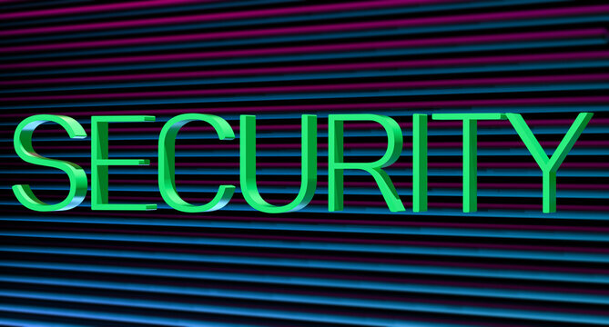 The word security 3D on a red-blue background with blur. The concept of the word security in green. 3D render illustration.