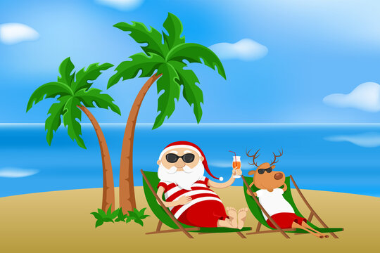 Santa and reindeer relaxing in sun loungers. Vector illustration.