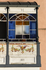 glazed pergola on a facade of the Ribeira district in Porto,, Portugal