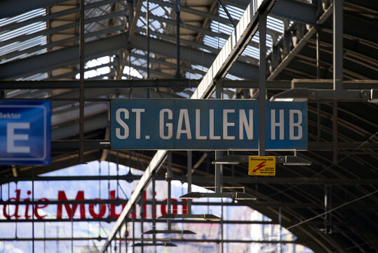 Sign at main railway station of City of St. Gallen on a sunny spring day. Photo taken April 19th, 2022, St. Gallen, Switzerland.