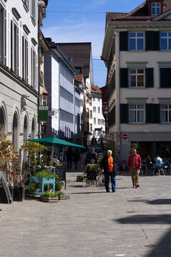 Historic house facade at the old town of St. Gallen on a sunny spring day. Photo taken April 19th, 2022, St. Gallen, Switzerland.