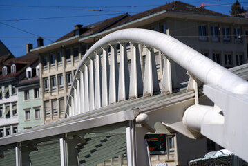 Market square with close-up of roof of bus station at the old town of St. Gallen on a sunny spring day. Photo taken April 19th, 2022, St. Gallen, Switzerland.