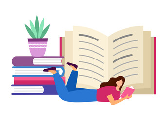 Woman reading book in flat design. Reading time concept vector illustration. I love reading. Knowledge is power.