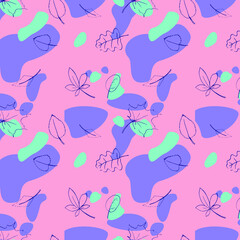 Seamless vector pattern with leaves doodles. Light, bright , pink, purple. Bright spring or summer print. Trendy colorful background. 