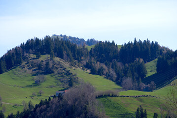 Scenic landscape seen from village Urnäsch, Canton Appenzell Ausserrhoden, on a sunny spring morning. Photo taken April 19th, 2022, Urnäsch, Switzerland.