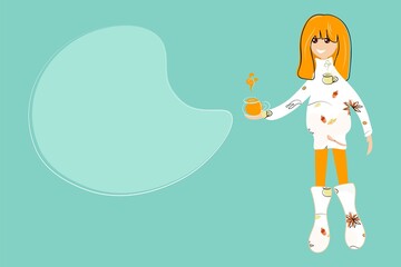 A cute girl is standing with a mug of coffee. Little girl drinks hot drink, chocolate, cocoa, coffee, tea. Funny cartoon character. Vector illustration with speech bubble.