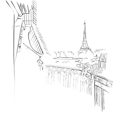 Sketch Illustration for coloring. Window view background. France, Eiffel Tower, Paris travel, Line style