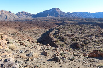 Teide National Park, Santa Cruz de Tenerife, Spain, February 23, 2022: Lunar landscape from the viewpoint of El Tabonal Negro at the base of the Teide volcano