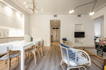 Apartment with white wooden dining table with open kitchen and wicker sofas