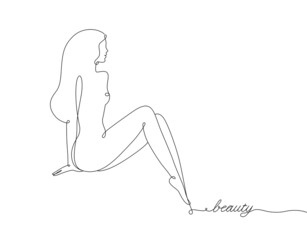 Attractive female body, line art sitting woman. Elegant figure. Logo for beauty salon, spa. 