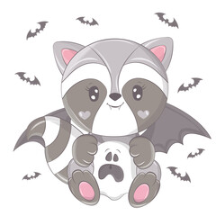 Halloween raccoon with a ghost. Vector illustration of Halloween animal. Cute little illustration Halloween raccoon for kids, fairy tales, covers, baby shower, textile t-shirt, baby book.