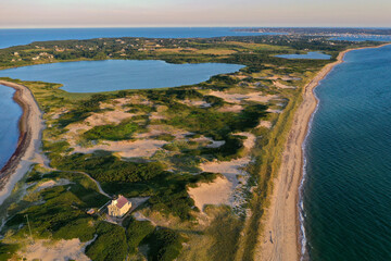 Amazing late afternoon summer aerial photo of the North Lighthouse on Block Island, Rhode Island.