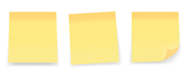 Realistic set of yellow paper notes isolated on white background. Post notes collection with shadow.