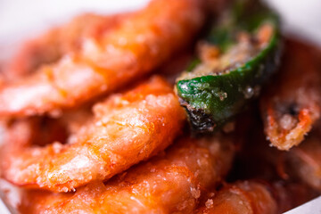 Fried king shrimps close-up, tasty, crispy, large, photo with shallow depth of field. Delicious food concept.