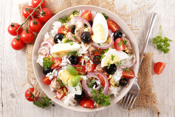 rice salad with egg,  tomato and onion