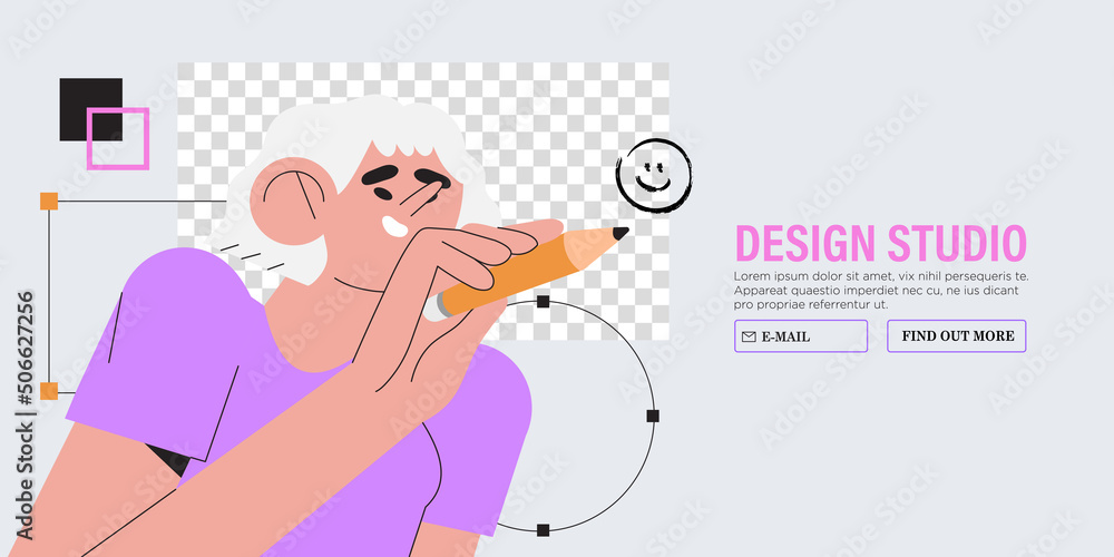 Poster woman is working on ui ux design project. designer drawing sketch in vector program with big pencil.