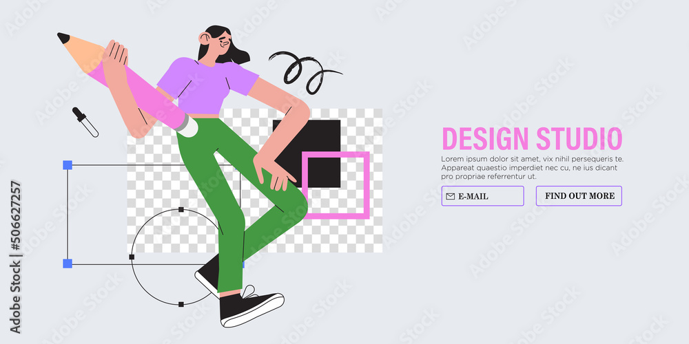 Poster woman is working on ui ux design project. designer drawing sketch in vector program with big pencil.