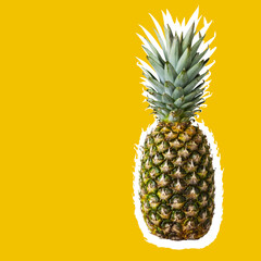 Contemporary art collage of pineapple wearing sunglasses on bright background with negative space for ad or text.