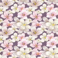 Seamless pattern of cherry blossom flowers and leaves on a dark background