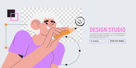 Woman is working on ui ux design project. Designer drawing sketch in vector program with big pencil. Character illustration for design online classes or seminar banner, ads, landing page, application.