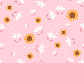 Seamless pattern with daisies and sunflower on pink background vector. Cute floral print.