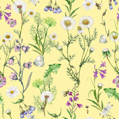 Repeat pattern of hand drawn garden wildflowers