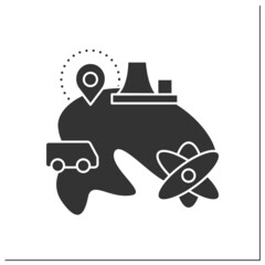 Atomic tourism glyph icon. Atomic age heritage places and cities visiting. Abandoned places exploration.Tourism types concept.Filled flat sign. Isolated silhouette vector illustration