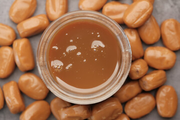  caramel chocolate bar and liquid on table top view 