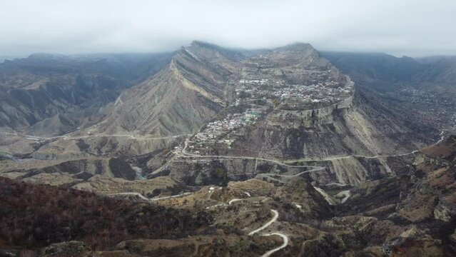 Dagestan Gunib settlement on top of mountain, view from above