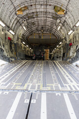 Military strategic air force transport aircraft interior view.