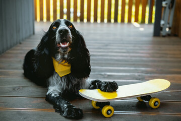 Cute spaniel dog wearing yellow bandana is laying with yellow skateboard. Humor summer pet card concept. - Powered by Adobe